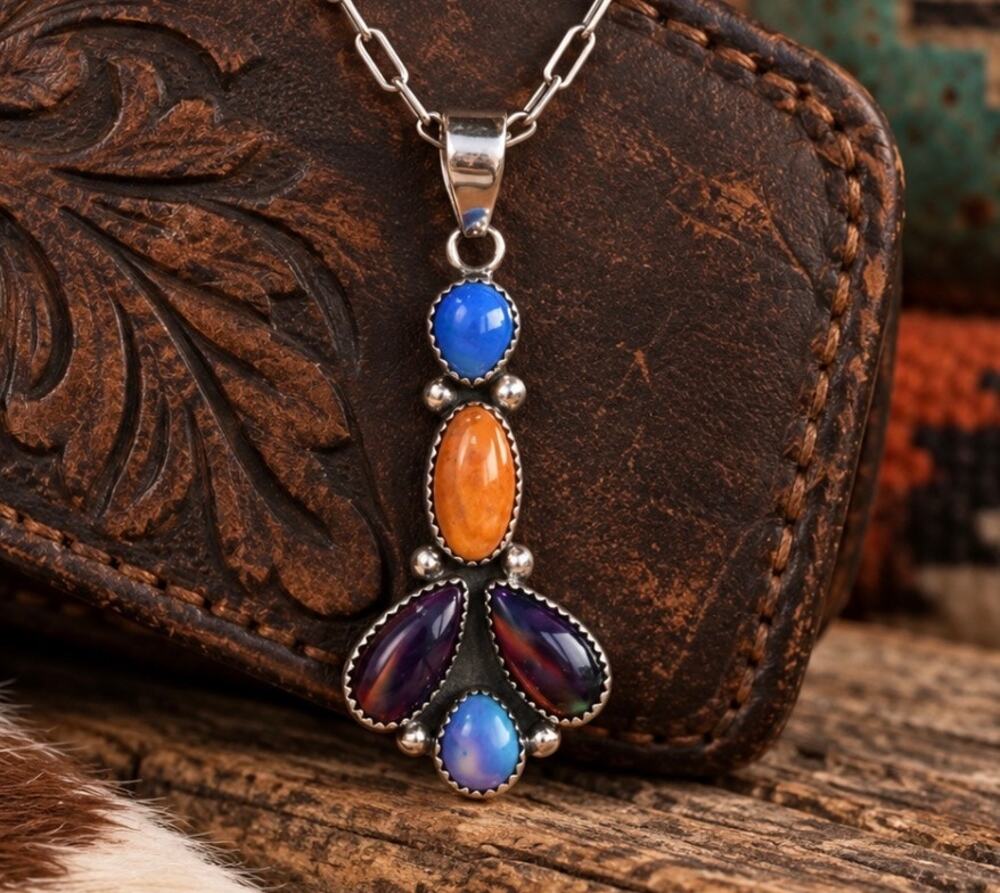 Spiny Oyster, Blue Turquoise & Opal Sterling Silver Necklace – 22"